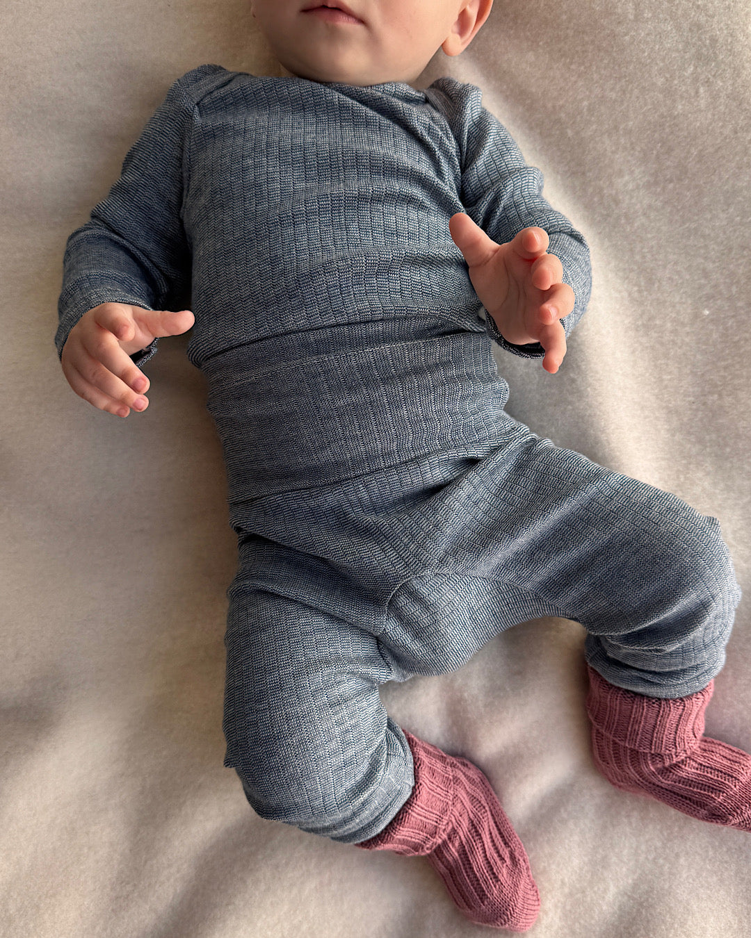 Baby-Body uld/silke/bomuld blå meleret