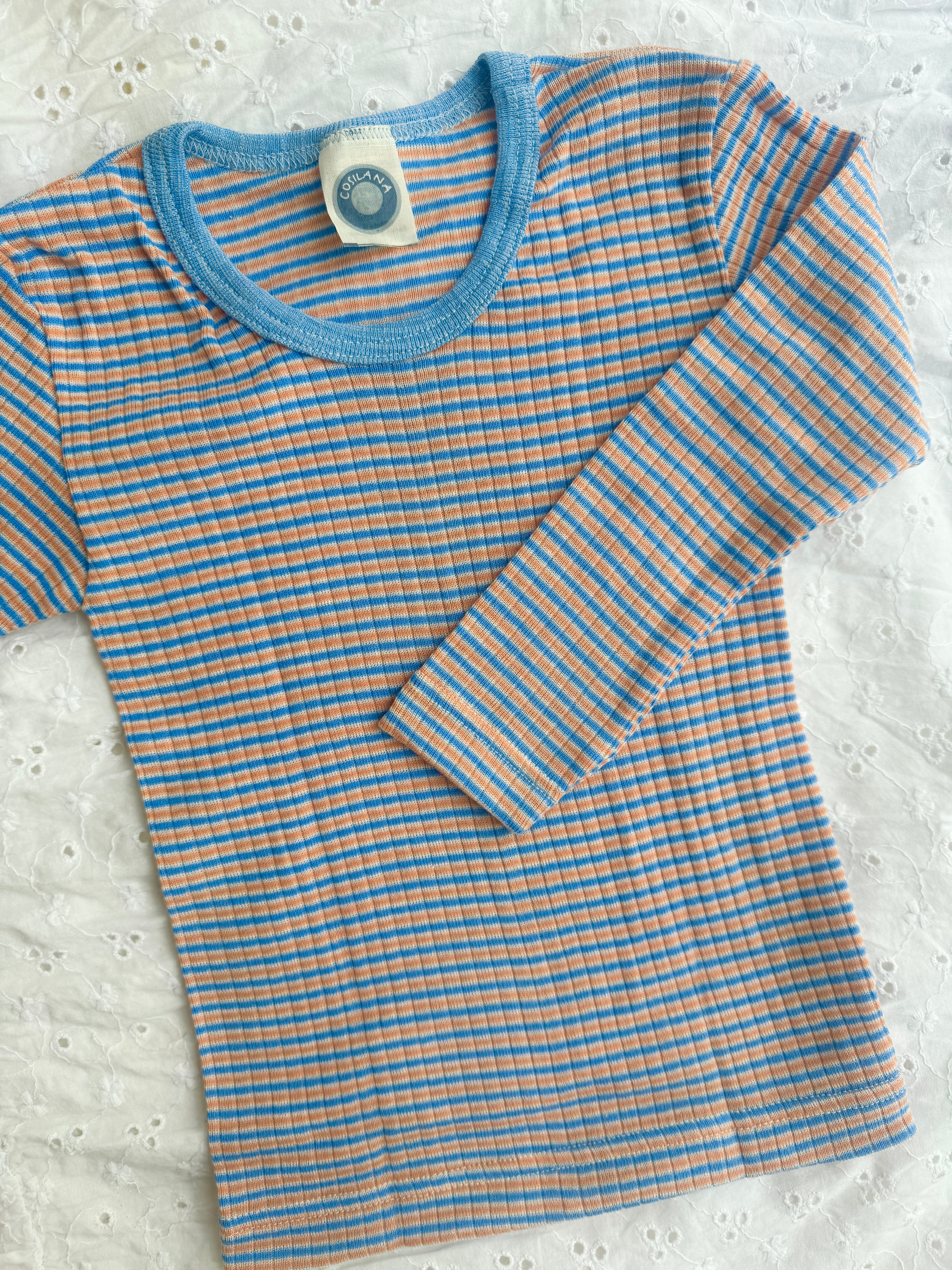 Bluse uld/silke/bomuld - blå, orange, natur