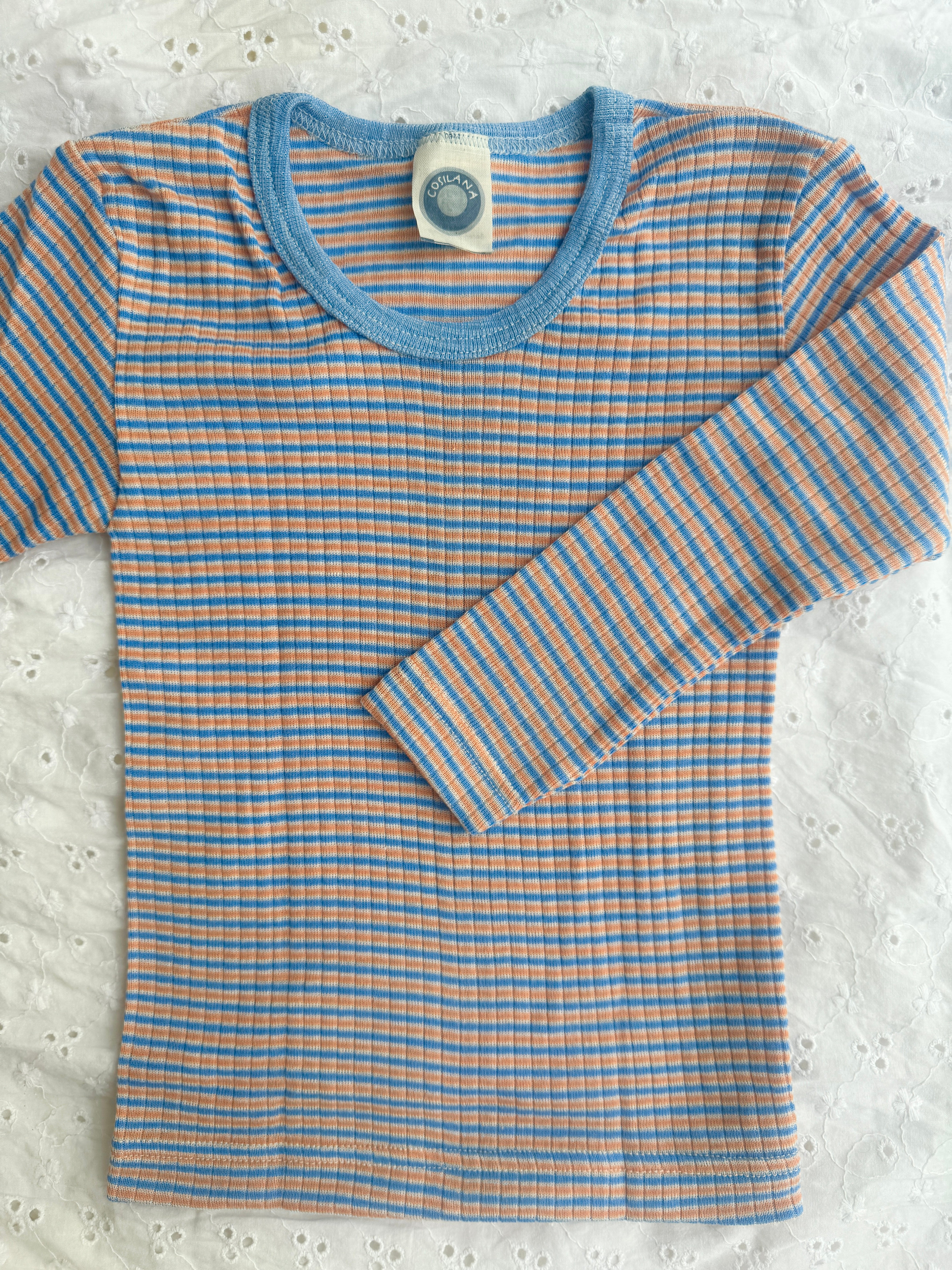 Bluse uld/silke/bomuld - blå, orange, natur