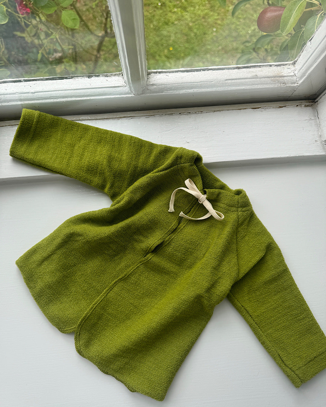 Cardigan i uldfrotté med bindebånd - grøn