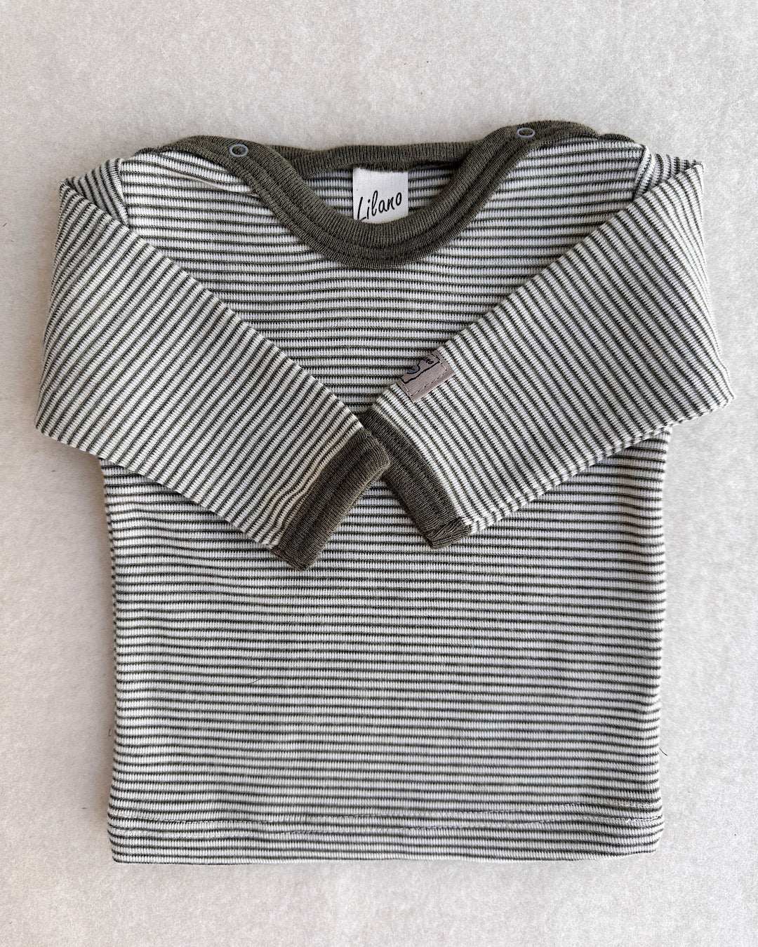 Bluse uld/silke - khaki/natur strib