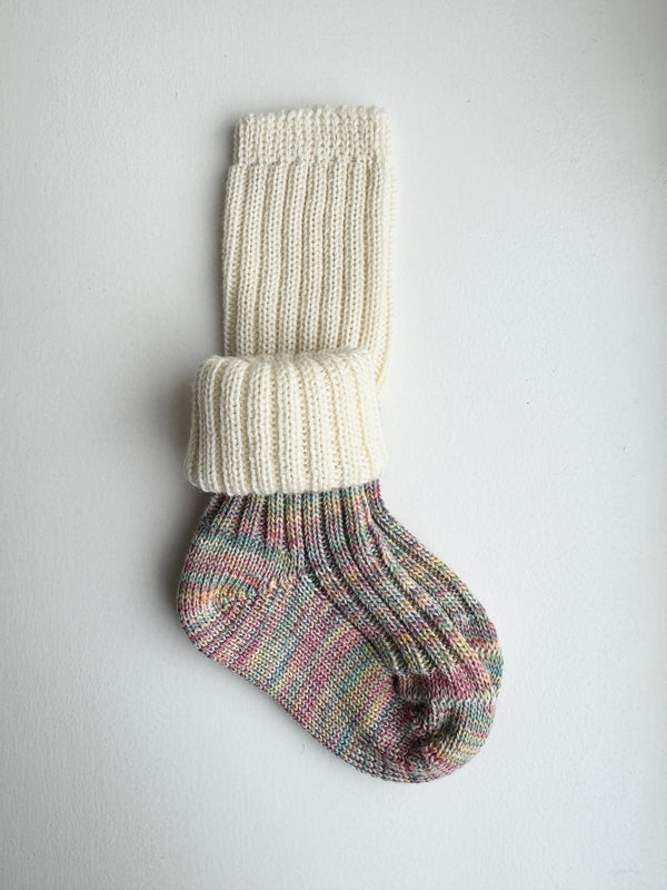 Multicolored cotton/wool socks with rib and extra length: White